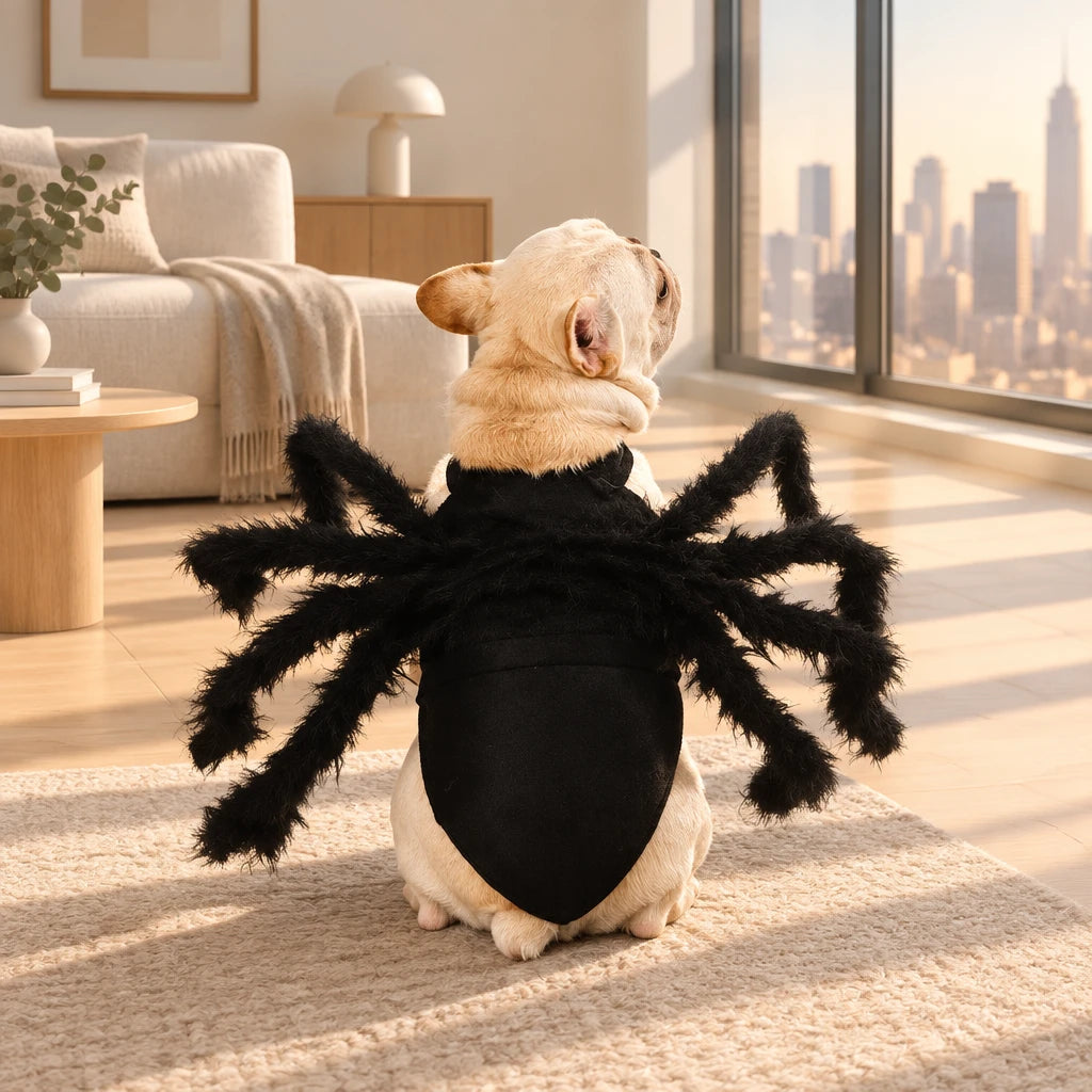 Costume araignée vu de dos sur un chien