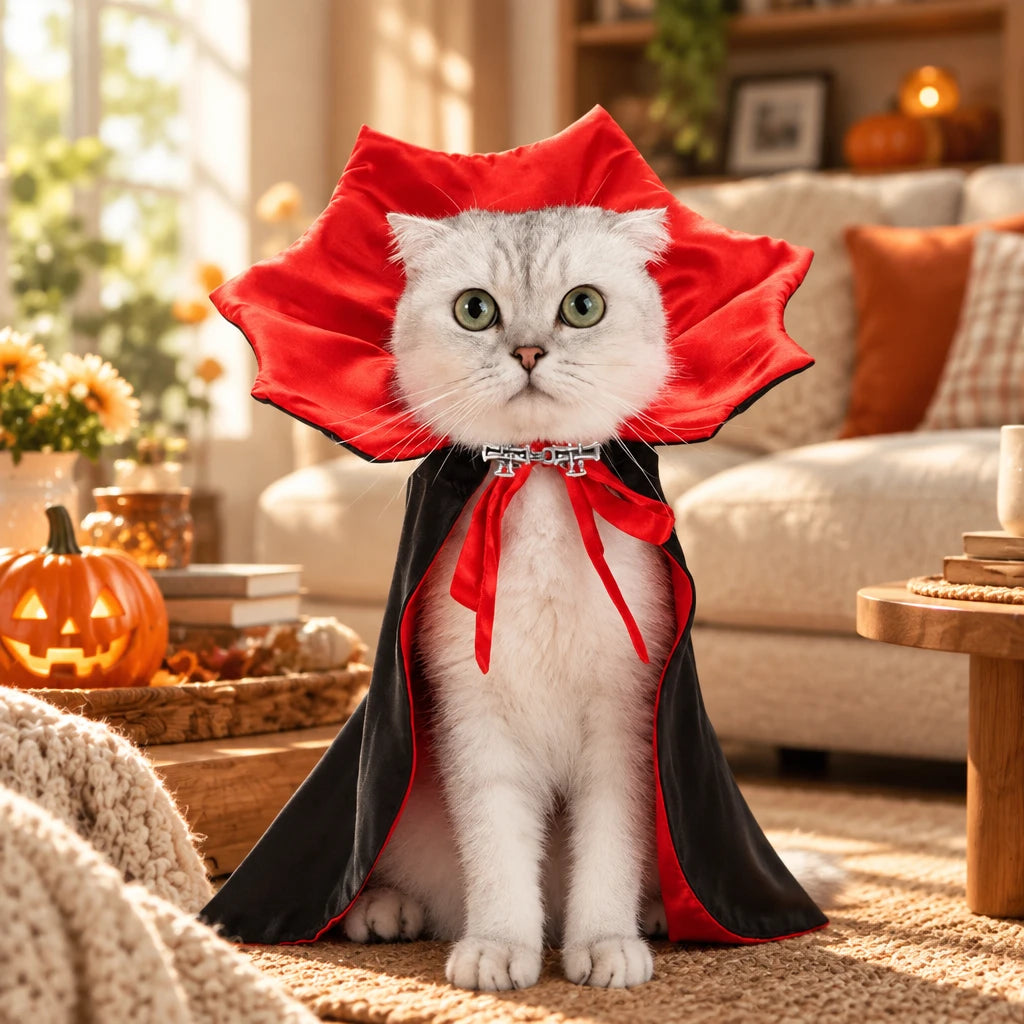 Chat blanc déguisé en vampire dans un salon décoré pour Halloween