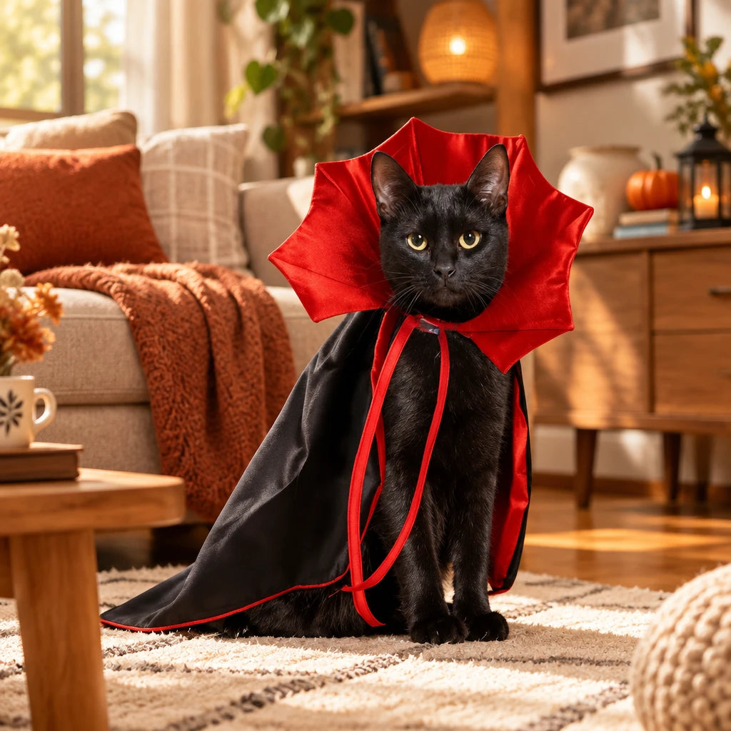 Chat noir portant la cape de vampire près d'un canapé