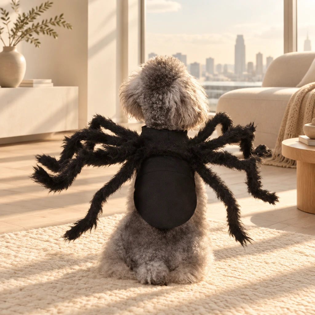 Chien de dos portant le costume araignée dans un salon