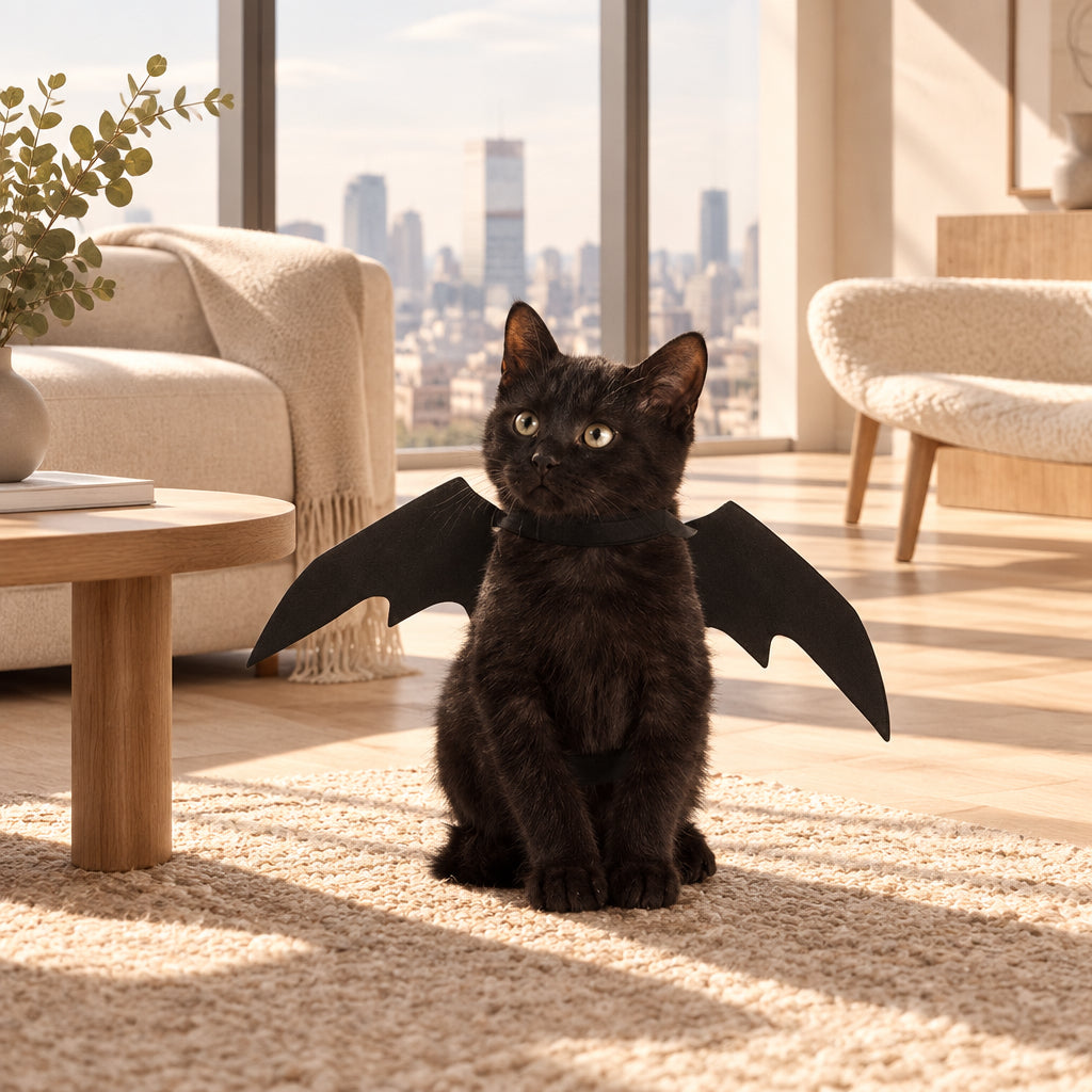 Chaton noir avec des ailes de chauve-souris dans un salon