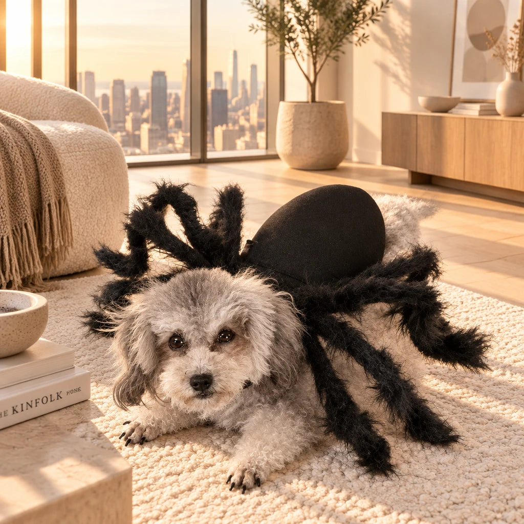 Petit chien déguisé en araignée géante pour Halloween