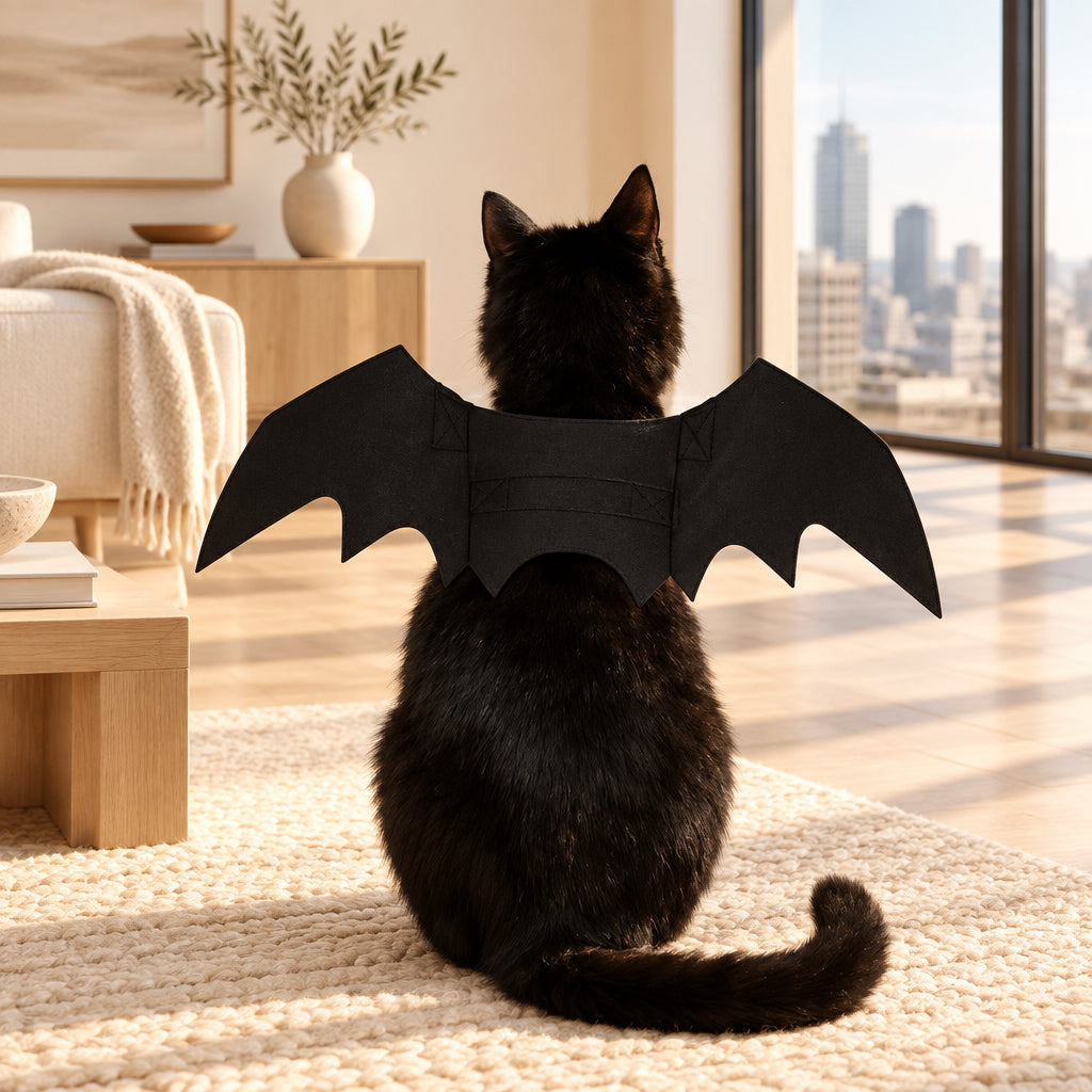 Chat noir de dos avec des ailes de chauve-souris
